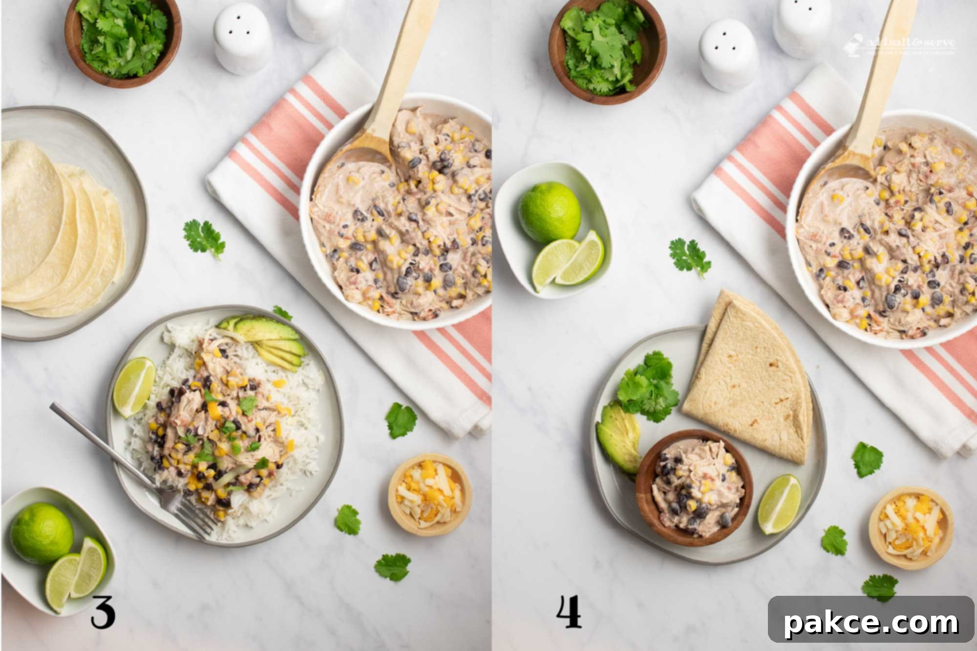 Celebration Chicken Pot 5 Composite image: left is numbered 3 and shows a plate of shredded chicken in a creamy sauce with black beans, corn, tomatoes, and green chilies served over rice and garnished with sliced avocado, shredded cheese, fresh cilantro, and lime wedges; right is numbered 4 and shows the same chicken sauce but in a small bowl served with a flour tortilla, sliced avocado, fresh cilantro, a lime wedge, and shredded cheese.