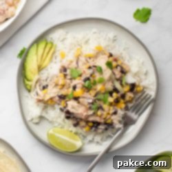 Celebration Chicken Pot 7 A plate of shredded chicken in a creamy sauce with black beans, corn, tomatoes, and green chilies served over rice and garnished with sliced avocado, shredded cheese, fresh cilantro, and lime wedges.