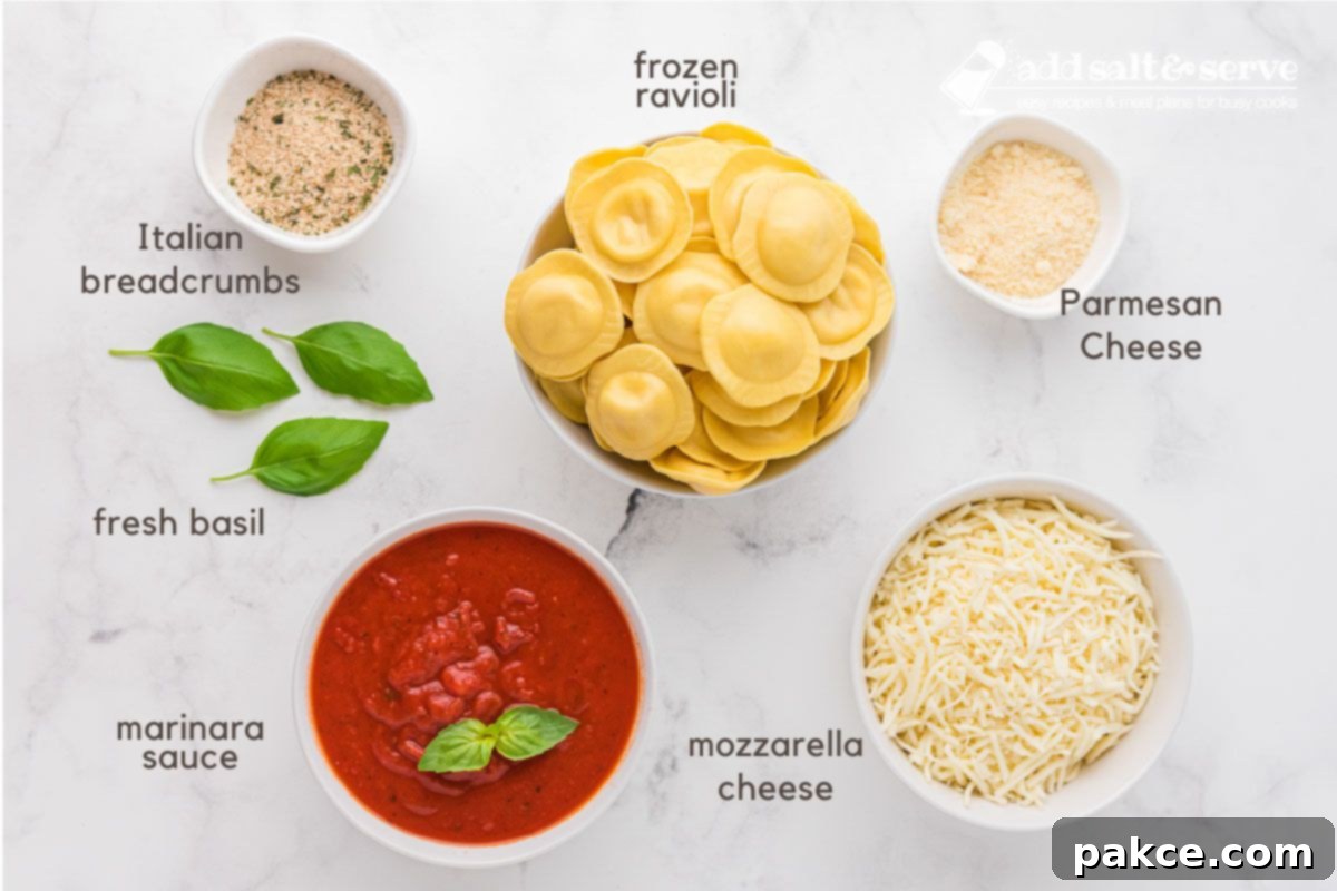 No Boil Baked Frozen Ravioli 3 Ingredients for Baked Frozen Ravioli: frozen ravioli, breadcrumbs, Parmesan cheese, marinara sauce, mozzarella cheese, and fresh basil.