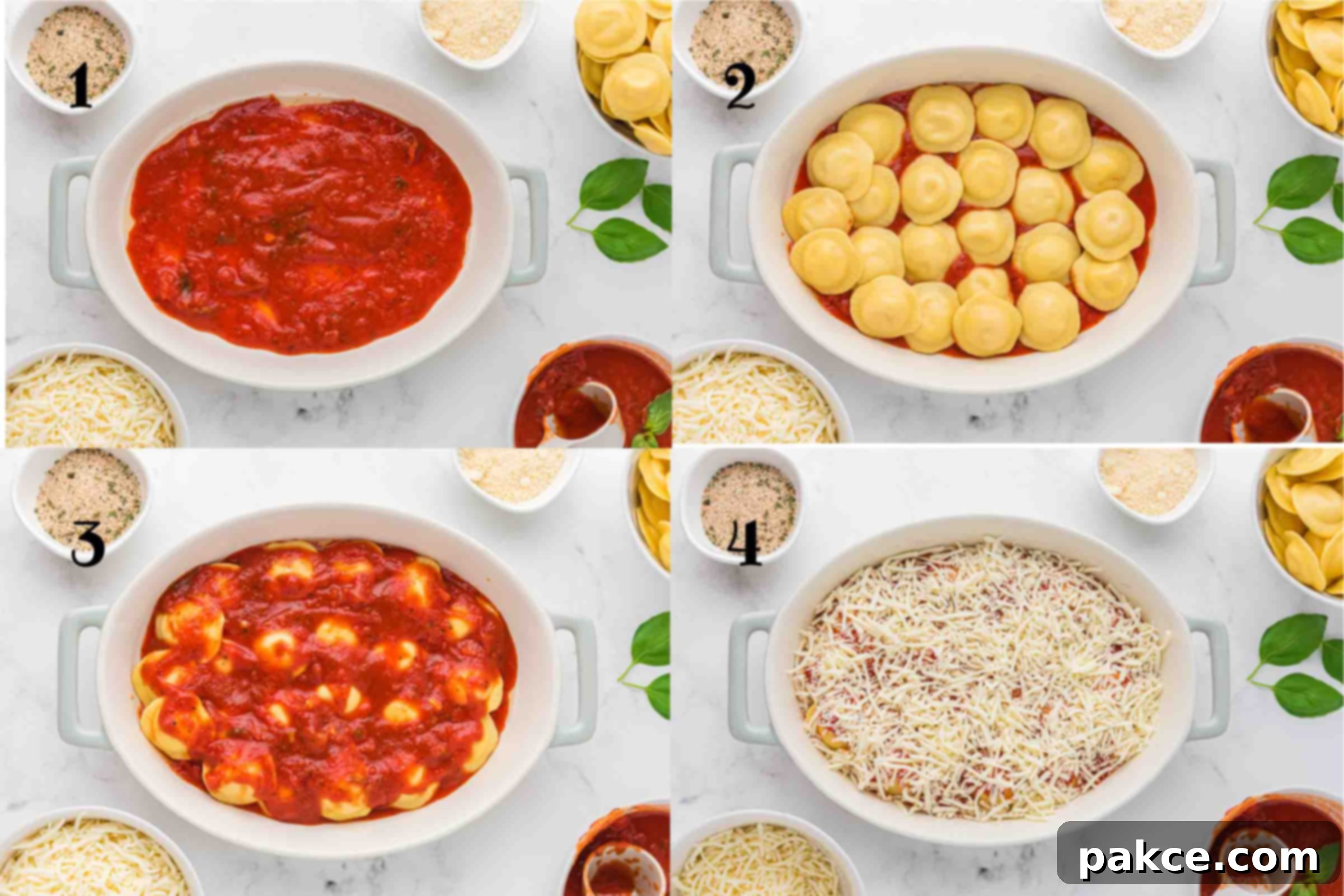 No Boil Baked Frozen Ravioli 4 Composite image: 1 - marinara sauce in a baking dish; 2 - frozen ravioli placed on top of the marinara sauce in the dish; 3 - more marinara sauce placed on the ravioli; 4 - shredded mozzarella cheese covering the marinara sauce.