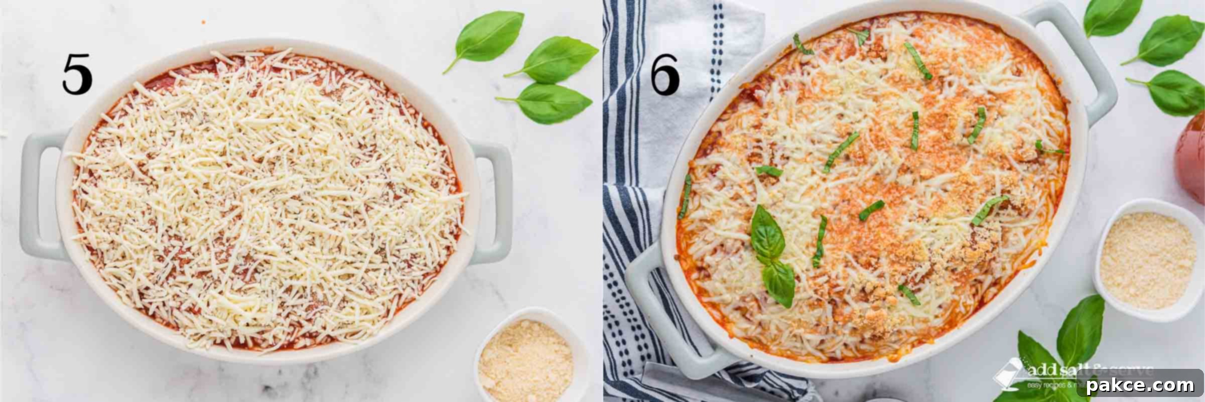 No Boil Baked Frozen Ravioli 5 Composite image: 5 - Baked frozen ravioli casserole before baking; 6 - Baked Frozen ravioli casserole after baking and garnishing with fresh basil.