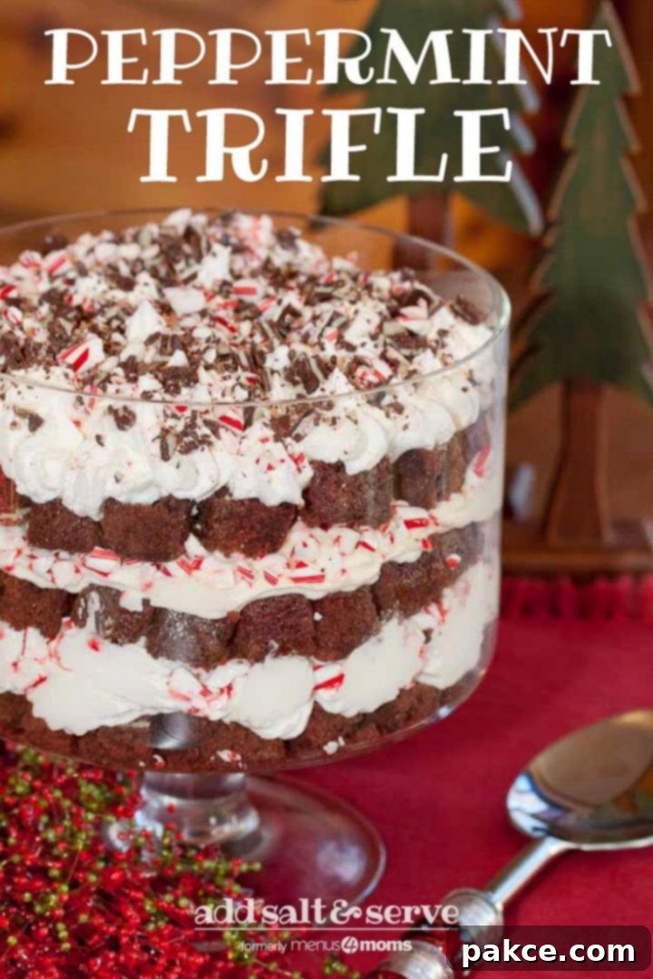 Layored peppermint trifle with serving spoon and Christmas decorations and text Peppermint Trifle with Add Salt & Serve logo