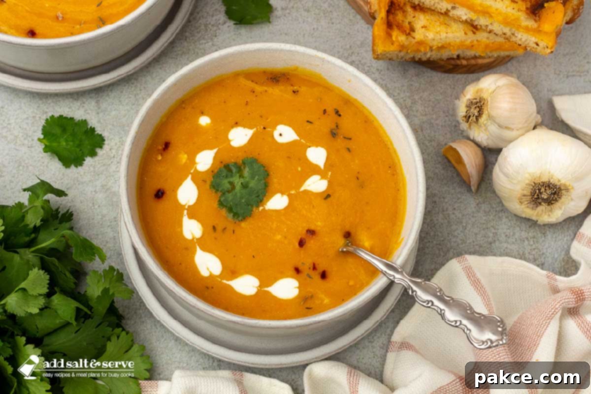 Bowls of vibrant, creamy carrot sweet potato ginger soup served with golden grilled cheese sandwiches, garnished with fresh parsley and garlic bulbs on a rustic wooden board.