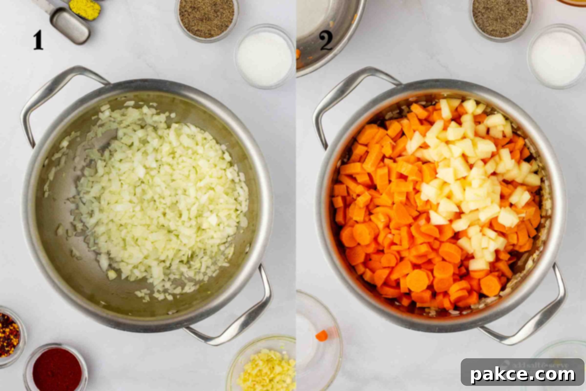 Golden Ginger Sweet Potato Carrot Soup 4 Composite image illustrating the initial stages of soup preparation: 1 - finely chopped yellow onions sautéing until translucent in olive oil in a large Dutch oven; 2 - the same pot with added diced carrots, sweet potatoes, and a chopped apple, simmering gently to soften the vegetables and build flavor.