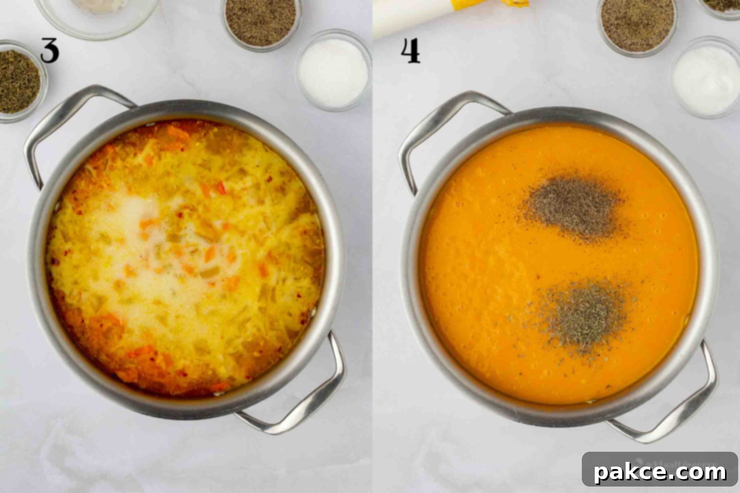 Golden Ginger Sweet Potato Carrot Soup 5 Composite image showing the cooking and blending phases of the soup: 3 - a soup pot filled with a vibrant mix of carrots, sweet potatoes, apple, and onion, now enriched with vegetable broth and coconut cream, simmering gently; 4 - the same pot after being puréed to a smooth, creamy consistency with an immersion blender, seasoned with thyme, pepper, and salt, ready to serve.