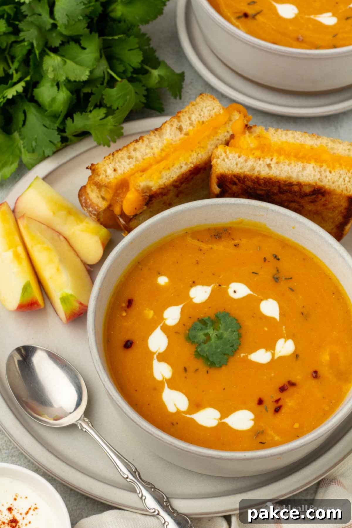 Golden Ginger Sweet Potato Carrot Soup 6 A beautifully plated bowl of creamy carrot sweet potato ginger soup, artfully garnished with a swirl of sour cream and fresh cilantro, served alongside golden grilled cheese sandwich halves and crisp apple slices on a white plate.