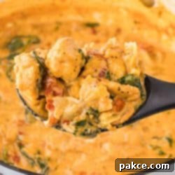 Velvety Tuscan Chicken with Sun-Kissed Tomatoes 7 Creamy Tuscan chicken with sun-dried tomatoes, spinach, and mini farfalle in cream sauce in a pot with a serving on a spoon held over the pot and text Creamy Tuscan Chicken with Sun-dried Tomatoes.