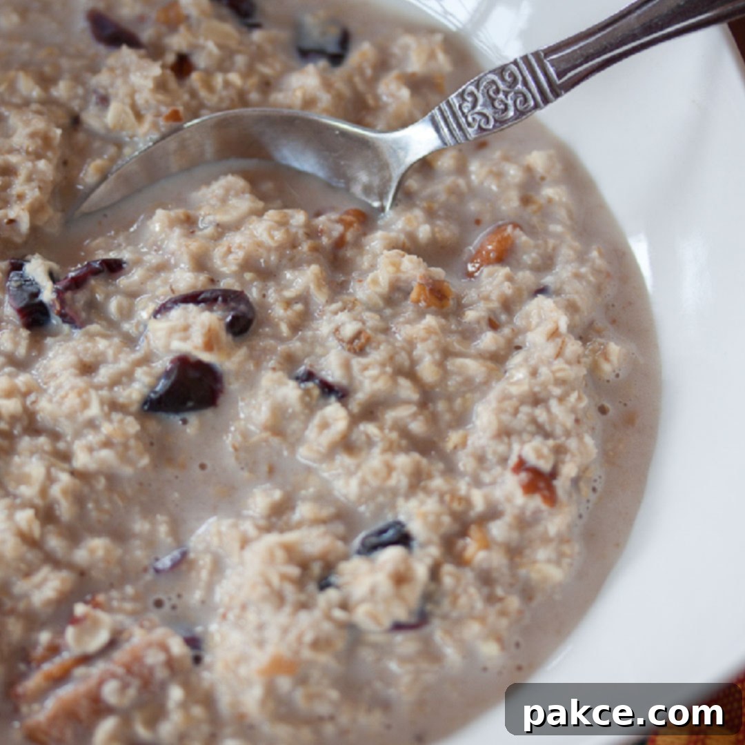 Oatmeal with raisins and nuts in a white bowl with spoon, ready to eat