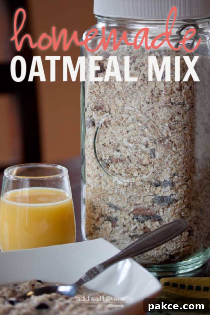 Oatmeal in a white bowl with spoon, glass of orange juice, and a jar of homemade instant oatmeal mix, highlighting a delicious and convenient breakfast