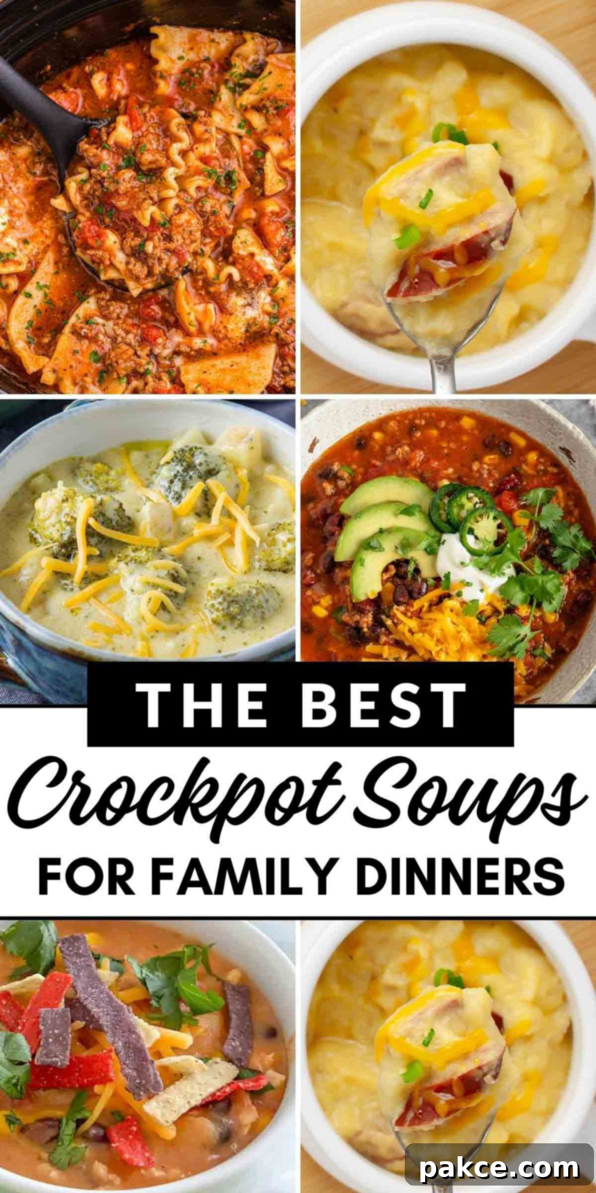 15+ Effortless Crockpot Soups for Delicious Family Dinners 2 Collage of various crockpot soups with text the best crockpot soups for family dinners.