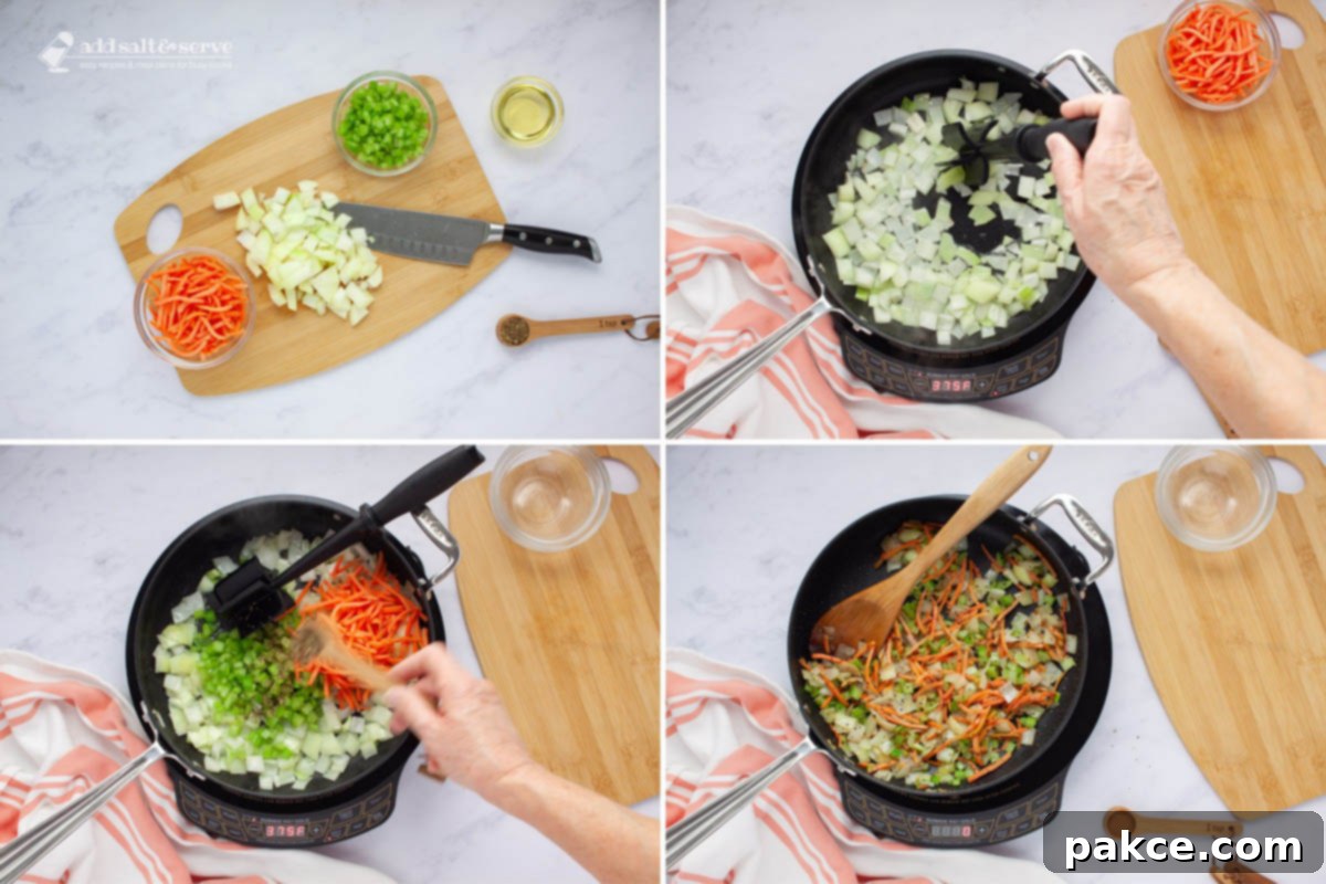 Slow Cooker Cheeseburger Comfort 4 Composite image - 1: chopped onion on a cutting board with diced celery and shredded carrots, 2: onion sautéing in a skillet, 3: the skillet after adding celery and carrot to the onion and dried basil being sprinkled in; 4: after the vegetables have been sautéed until tender.