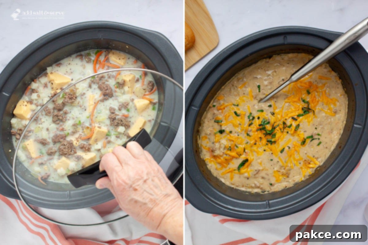 Slow Cooker Cheeseburger Comfort 6 Composite image - left is a crockpot with all the ingredients for Cheeseburger Soup with the lid being put on; right is the soup after cooking and garnishing with shredded cheddar cheese and fresh basil strips.