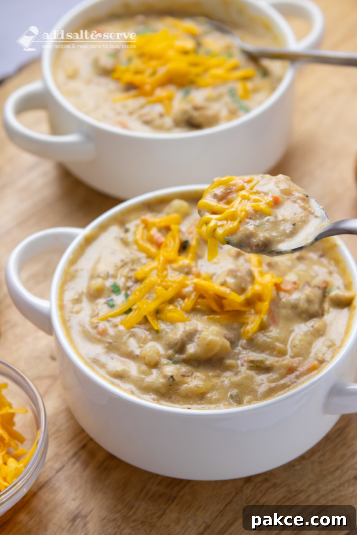 Slow Cooker Cheeseburger Comfort 7 Two bowls of hash brown soup in white crocks garnished with shredded cheddar cheese and fresh basil strips with a closeup of a spoonful of the soup lifted above the bowl.
