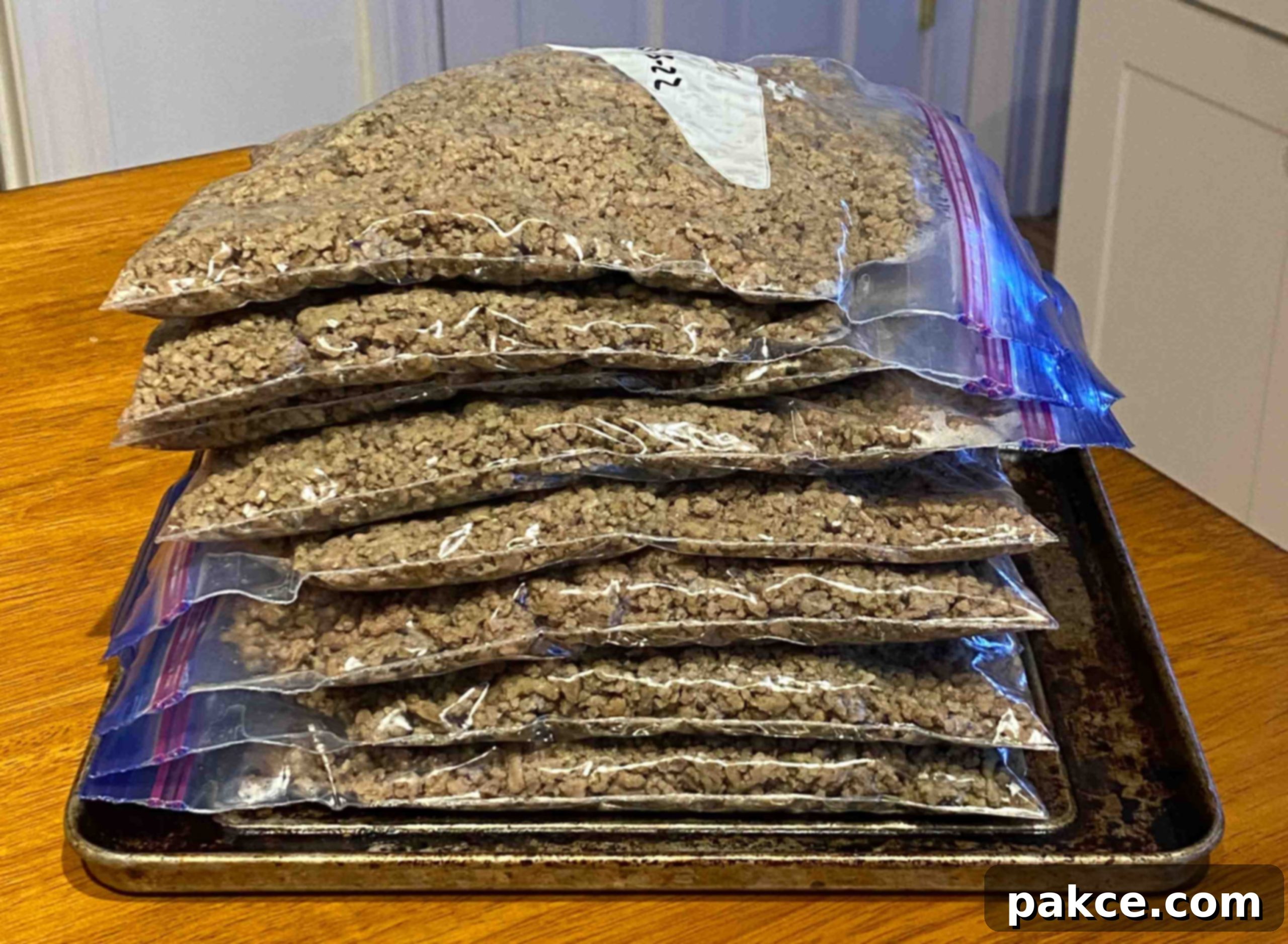 Slow Cooker Cheeseburger Comfort 8 Stack of flat bags of cooked ground beef.