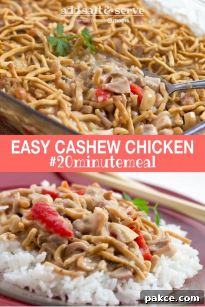 Chopped chicken with red peppers and mushrooms in a creamy sauce over white rice and garnished with chow mein noodles and text Easy Cachew Chicken #20minutemeal