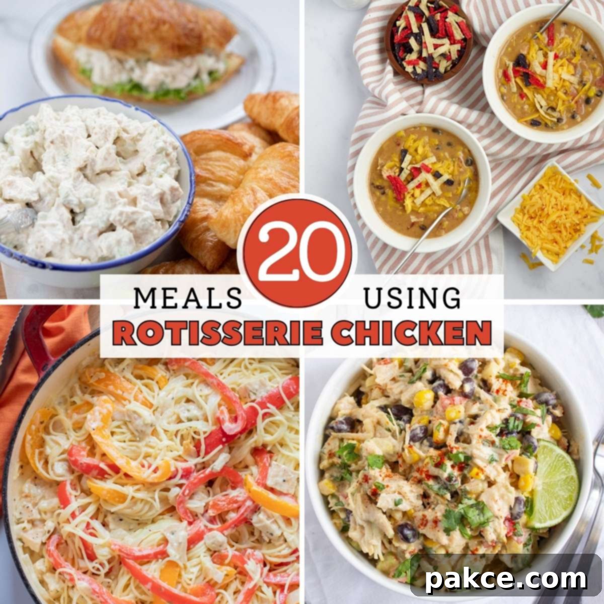 Composite image with photos of 4 recipes and text 20 meals using rotisserie chicken.