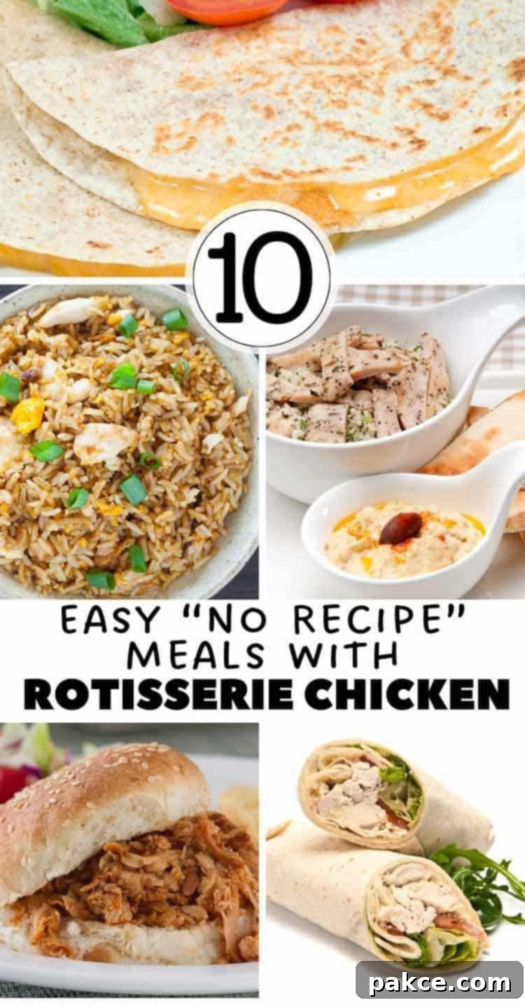 Weeknight Wins Speedy Meals with Rotisserie Chicken 4 10 easy no-recipe meals with rotisserie chicken: fried rice, chicken and hummus pitas, barbecue chicken sandwiches, shredded chicken wraps.