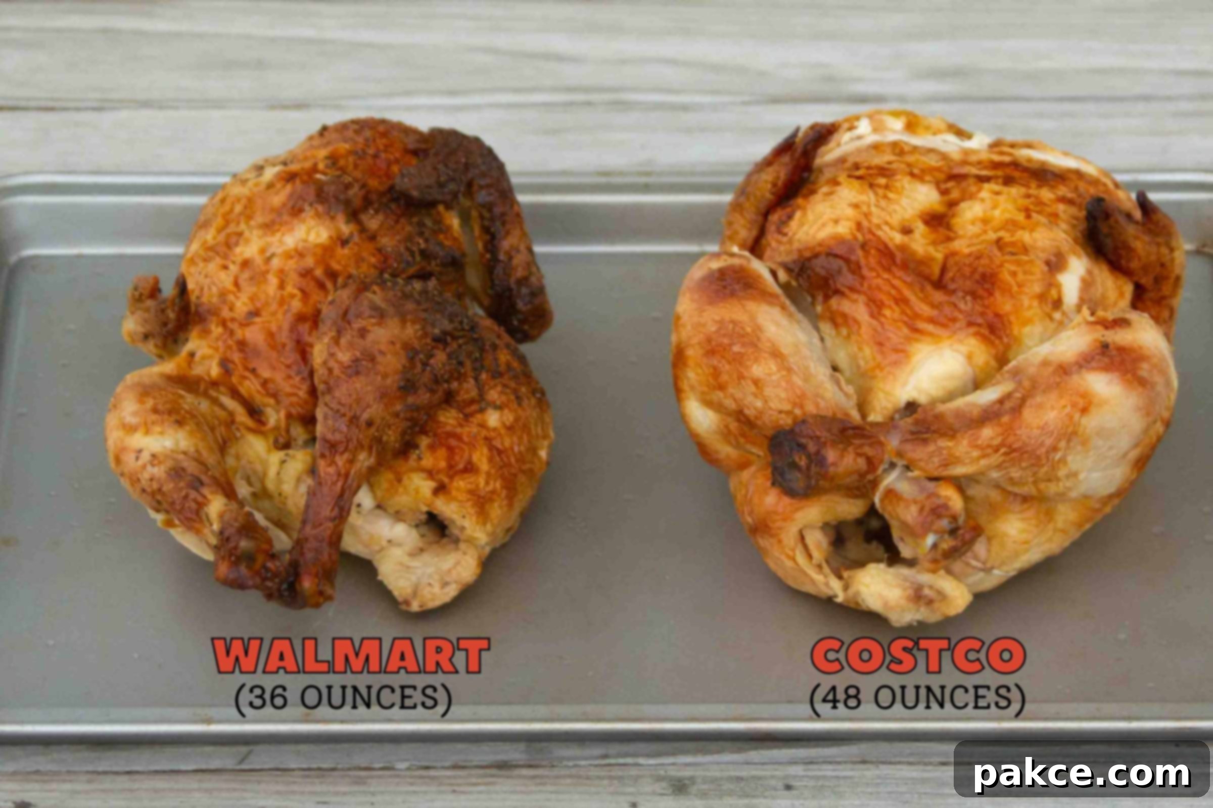 Weeknight Wins Speedy Meals with Rotisserie Chicken 3 Two rotisserie chickens side by site, one from from Walmart (36 ounces) and one from Costco (48 ounces).