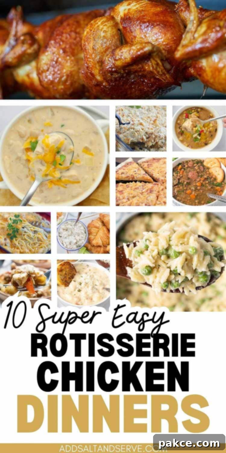 Weeknight Wins Speedy Meals with Rotisserie Chicken 5 10 super easy rotisserie chicken dinners; photos of chicken enchilada soup, poppy seed chicken, white chicken chili, barbecue chicken pizza, lentil soup, cheddar chicken spaghetti, chicken salad croissants, orzo alfredo, mediterranean chicken and pasta, and chicken and gnocchi soup.