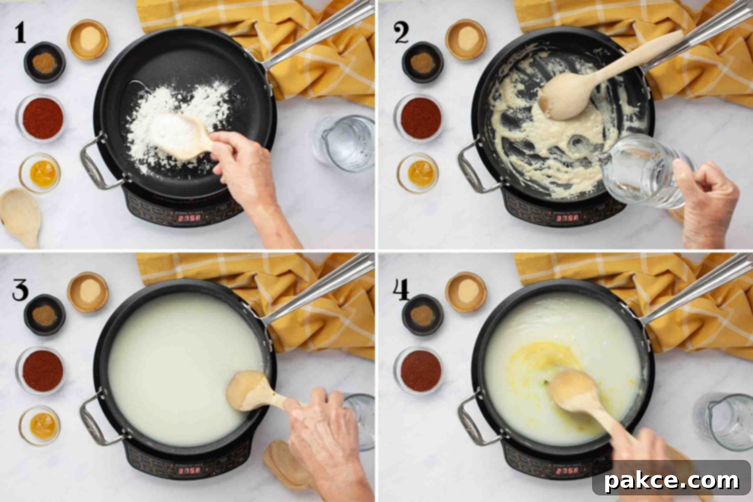 Effortless Layered Chicken Enchilada Casserole 4 A composite image showing four sequential photographs: 1. Adding all-purpose flour to hot vegetable oil in a large pan to create a roux. 2. Pouring water into the cooked roux. 3. The resulting smooth, thickened sauce. 4. Stirring chicken base into the sauce for rich flavor.