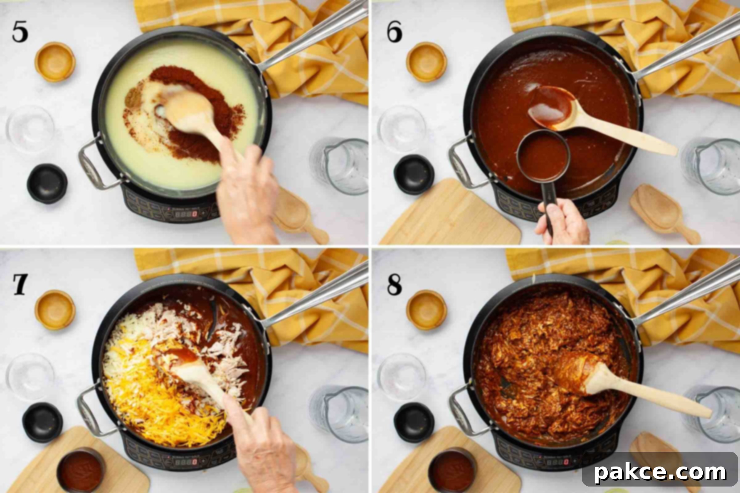 Effortless Layered Chicken Enchilada Casserole 5 A composite image showing four photographs detailing the final steps of preparing the enchilada sauce and filling: 5. Adding chili powder, cumin, and garlic powder to the rich chicken base sauce. 6. Removing and setting aside ½ cup of the prepared sauce for topping. 7. Incorporating shredded rotisserie chicken and a generous amount of shredded cheese into the remaining sauce mixture. 8. Gently stirring the chicken and cheese into the sauce until uniformly blended, creating the flavorful filling.