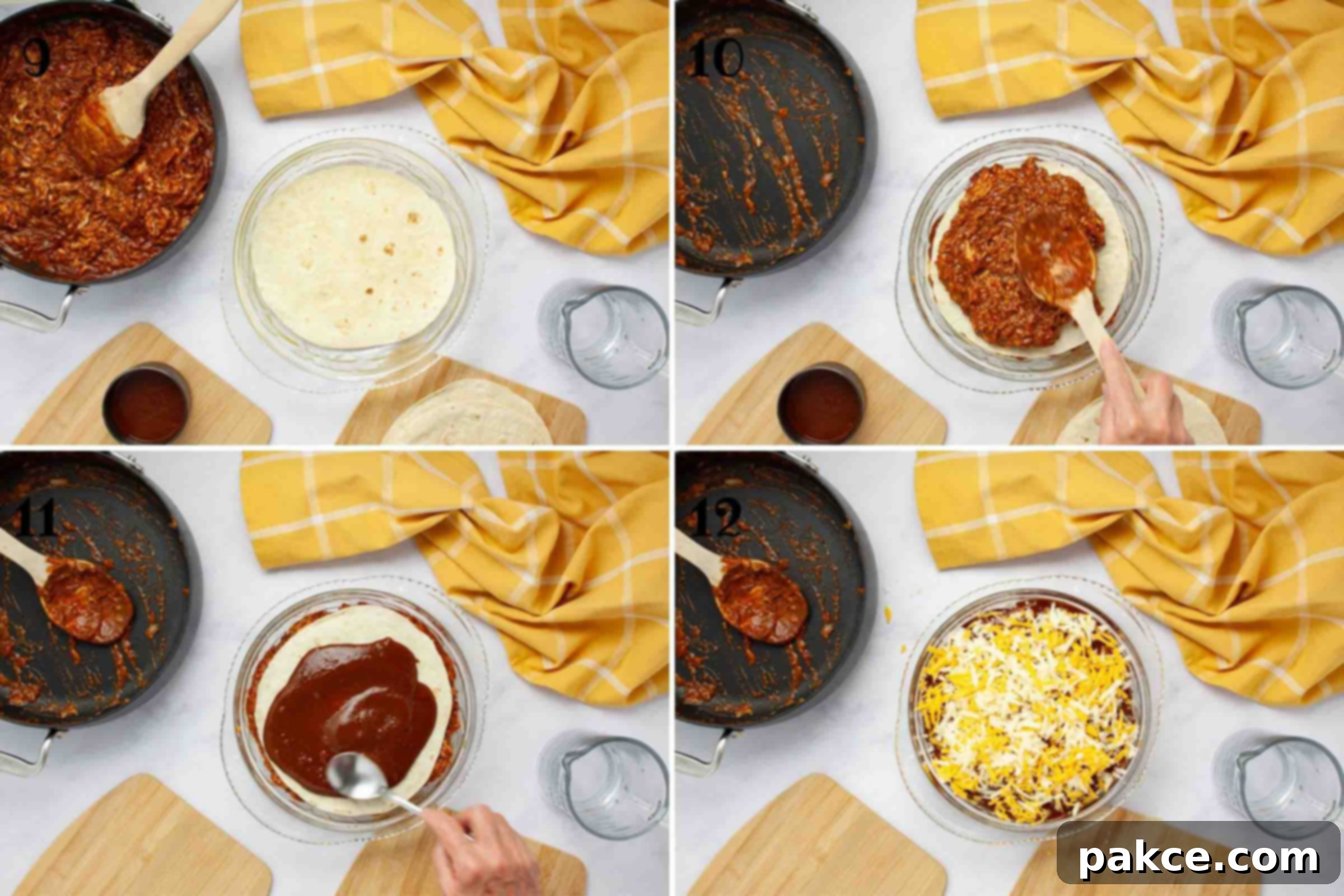 Effortless Layered Chicken Enchilada Casserole 6 A composite image showing four photographs detailing the layering process for the chicken enchilada bake in a pie plate: 9. Placing the first flour tortilla in a greased pie pan. 10. Spreading half of the chicken and cheese mixture over the first tortilla, then adding another tortilla and spreading the remaining chicken mixture. 11. Topping with the final tortilla and pouring the reserved enchilada sauce evenly over it. 12. Generously sprinkling the remaining shredded cheese over the sauce-covered tortilla, along with green onions and cilantro, ready for baking.