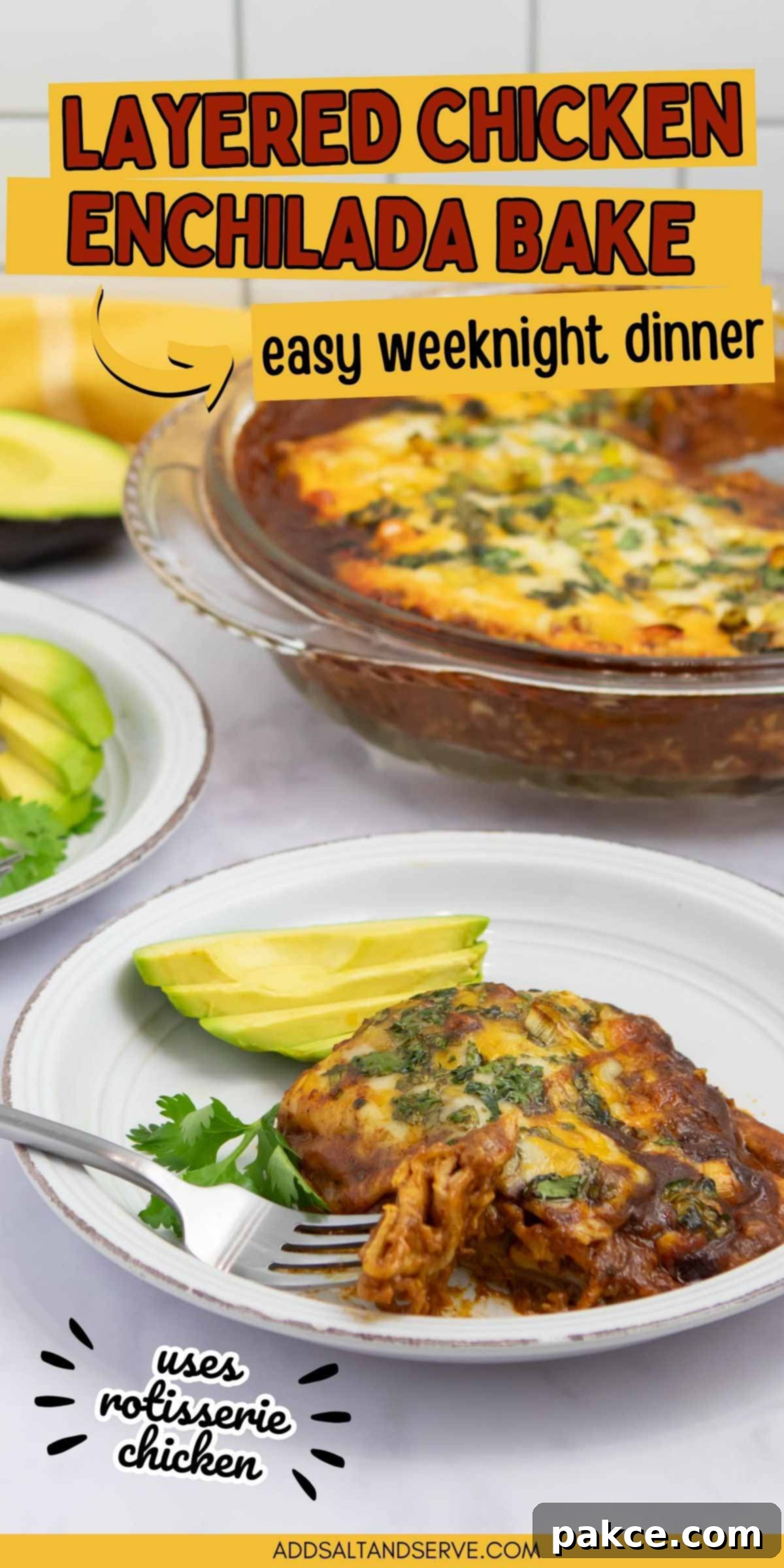 Effortless Layered Chicken Enchilada Casserole 8 A tall, tempting image of a slice of layered chicken enchilada bake, perfectly golden and cheesy, ready to be pinned and saved for future cooking inspiration.