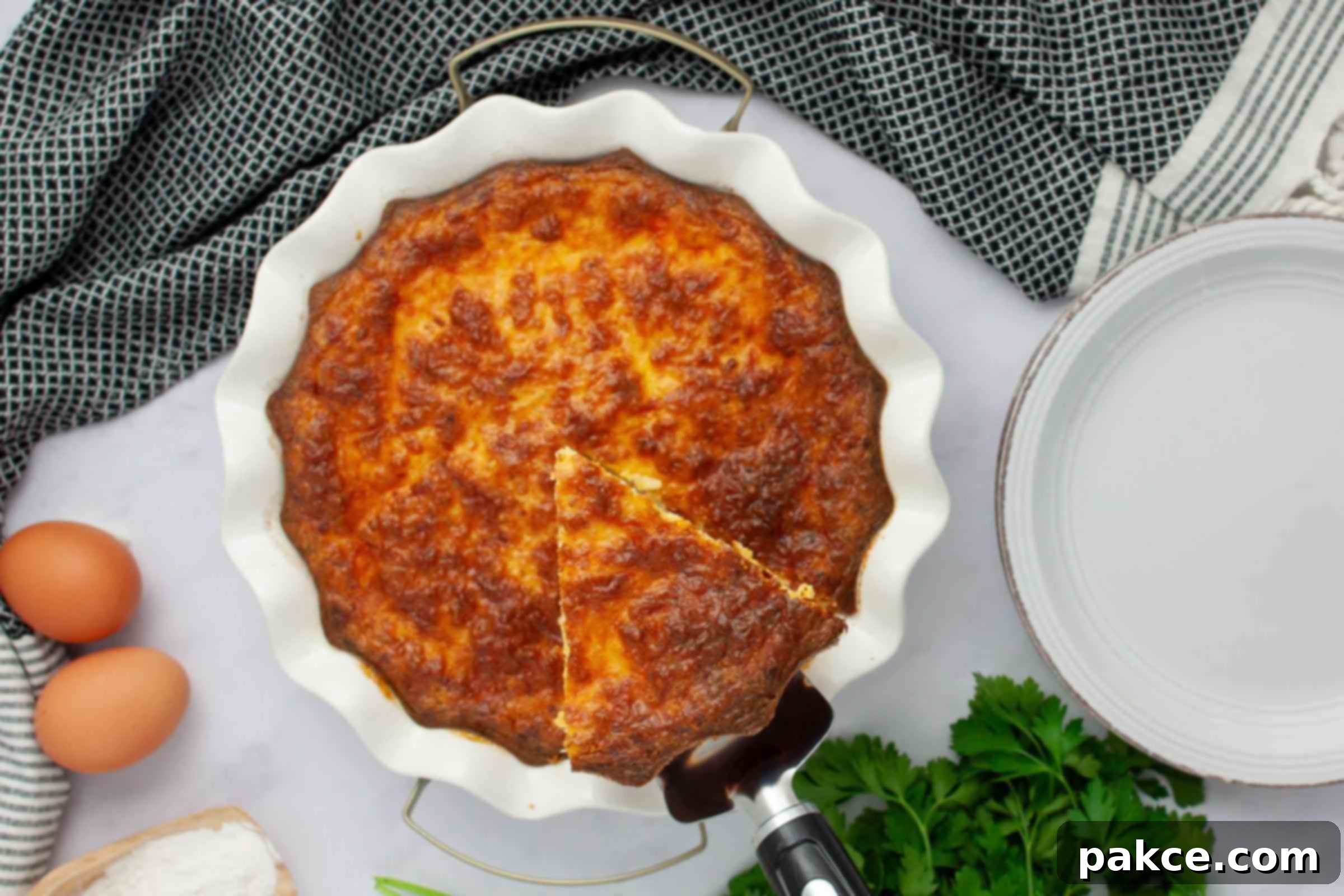 Overhead view of a slice of crustless quiche being lifted out of a pie plate, revealing its creamy, golden texture.