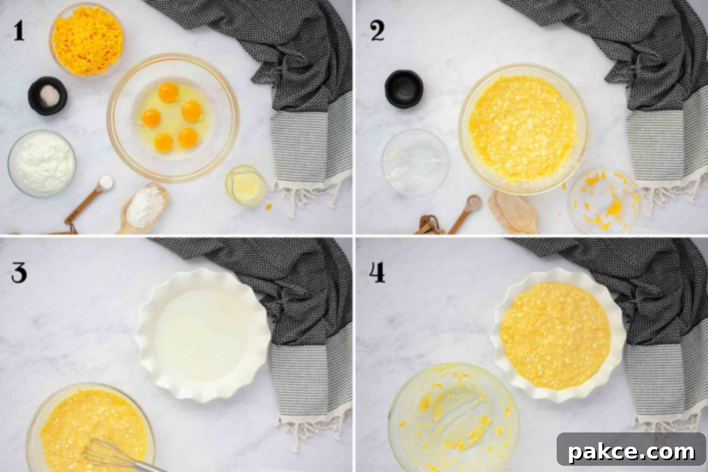 Fluffy Cottage Cheese Quiche 4 A four-panel composite photo showing the step-by-step process of making crustless quiche: 1) Ingredients laid out, 2) All ingredients mixed in a bowl, 3) The mixture next to a greased pie plate, 4) The mixture poured into the pie plate, ready for baking.