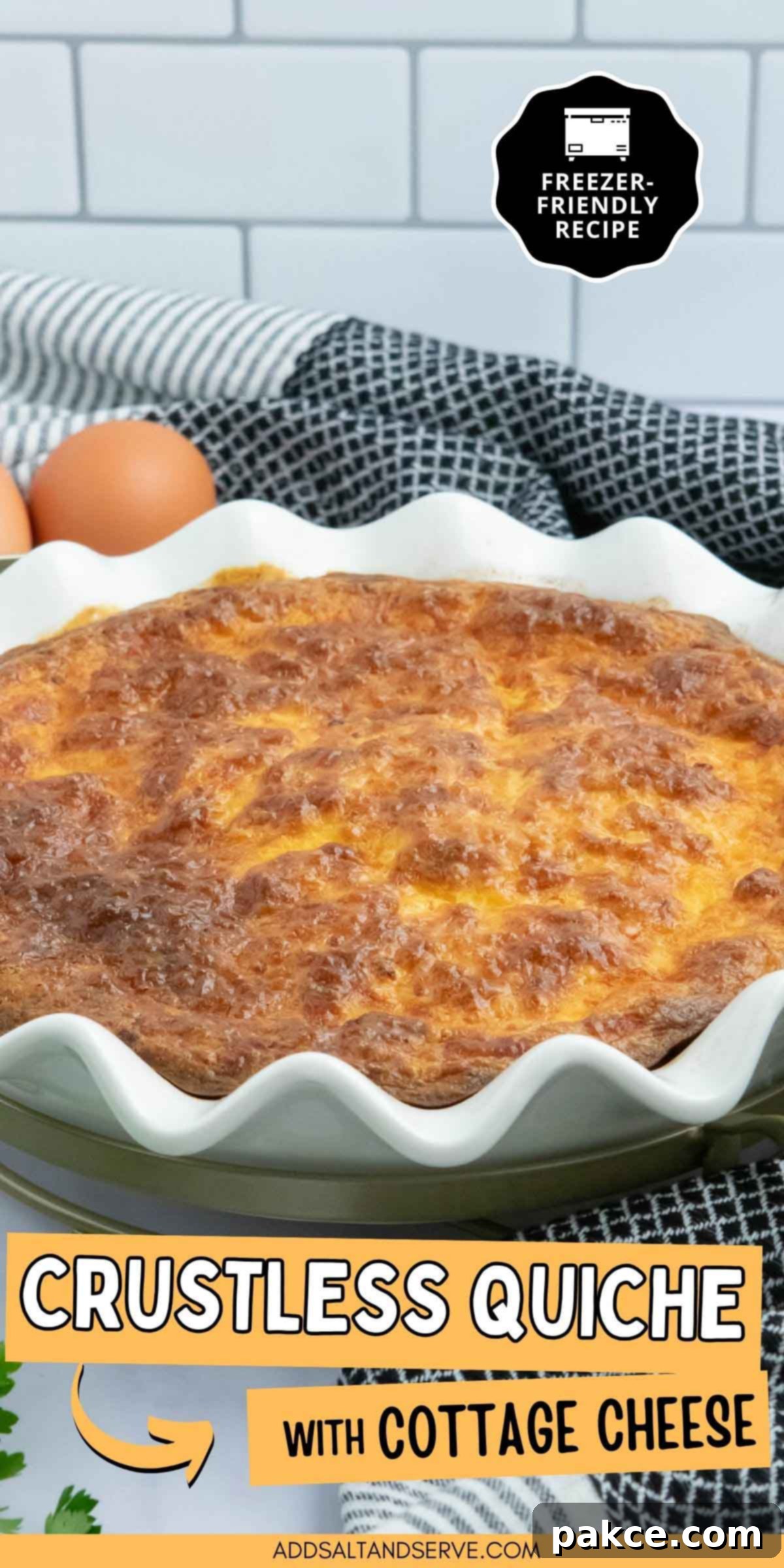 Fluffy Cottage Cheese Quiche 7 A delicious crustless quiche with cottage cheese in a pie plate, ready to be served. Text overlay says 'Crustless Quiche with Cottage Cheese; Freezer-Friendly Recipe', highlighting its convenience and health benefits.