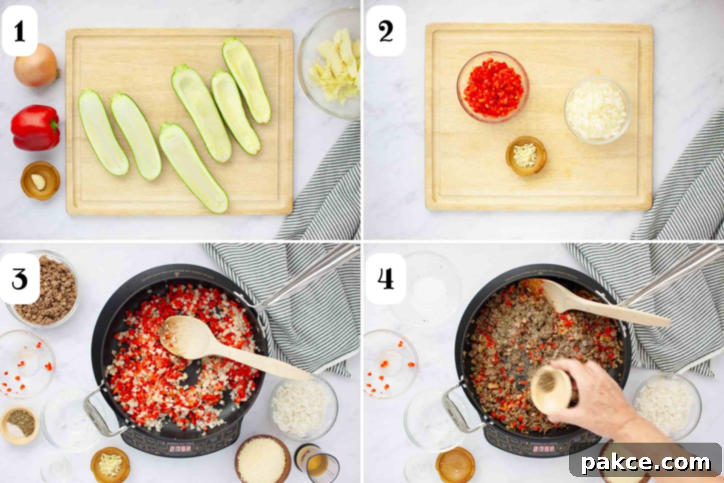 Ground Beef and Rice Stuffed Zucchini Boats 4 Composite image: 1 - zucchini on a cutting board in the process of being hollowed out; 2- chopped red bell pepper, onion, and garlic in bowls; 3- pan with chopped red bell pepper and onion being sautéed; 4- same pan after adding cooked ground beef and seasonings.