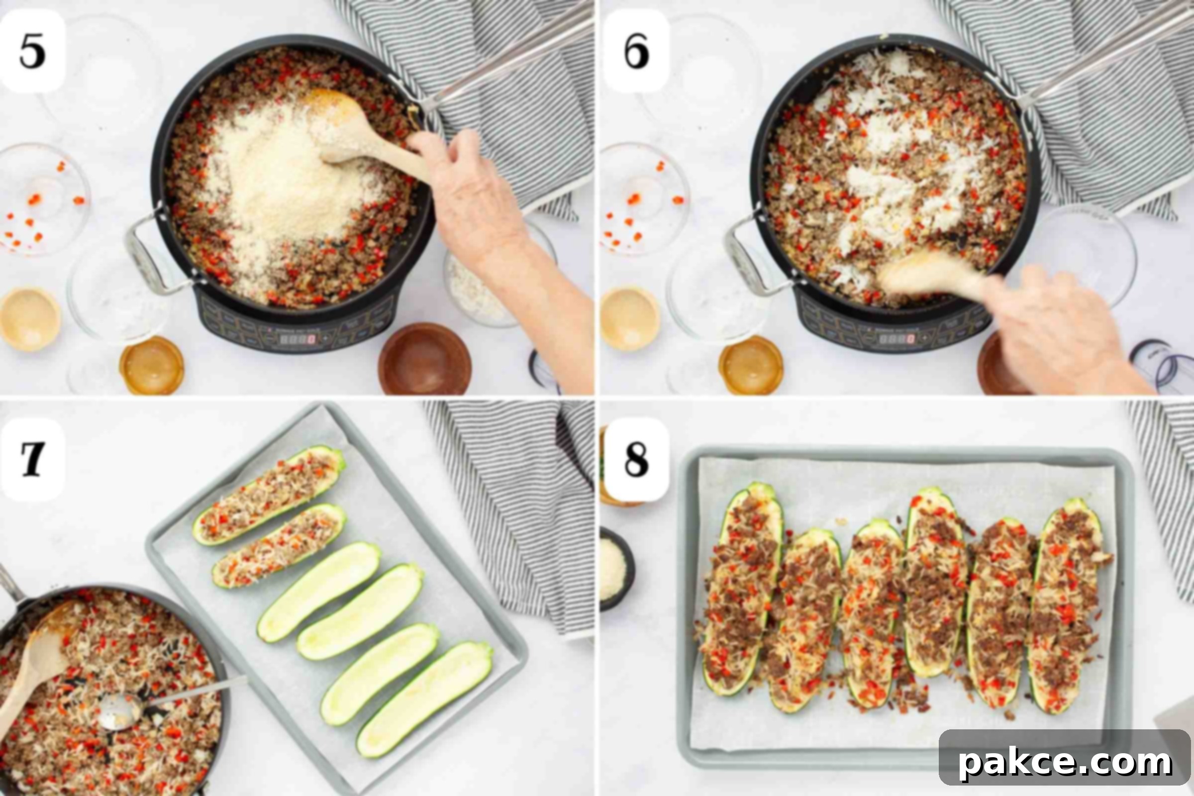 Ground Beef and Rice Stuffed Zucchini Boats 5 Composite image: 5- skillet with sautéed vegetables and ground beef with parmesan cheese added on top; 6- same pan after adding cooked rice; 7- same pan beside a baking sheet lined with parchment paper with hollowed out zucchini halves being stuffed with meat mixture; 8- the stuffed zucchini on the baking sheet after cooking.