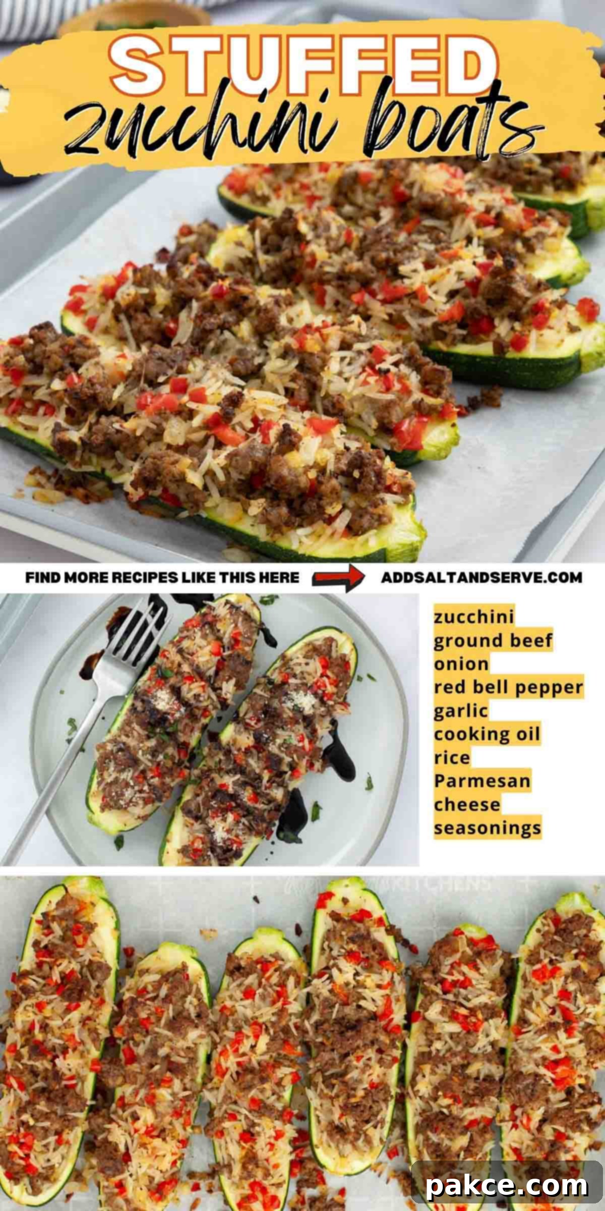 Ground Beef and Rice Stuffed Zucchini Boats 7 Composite image with 3 photos of baked stuffed zucchini boats for pinning.