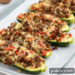 Ground Beef and Rice Stuffed Zucchini Boats 8 Baked zucchini stuffed with a rice, ground beef, and vegetable mixture on a baking sheet lined with parchment paper.