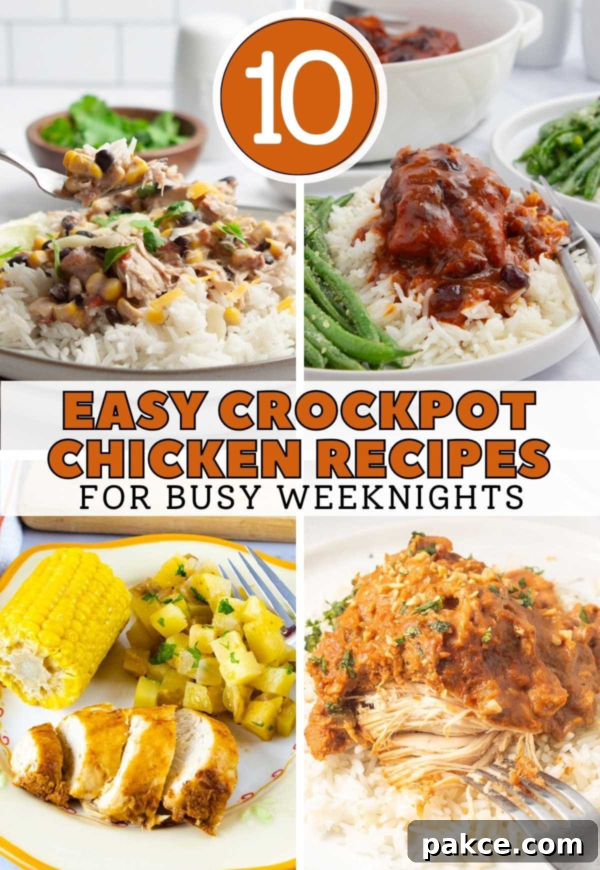 Composite image showcasing four diverse chicken dishes, highlighting easy crockpot chicken recipes perfect for busy weeknights and meal prep.