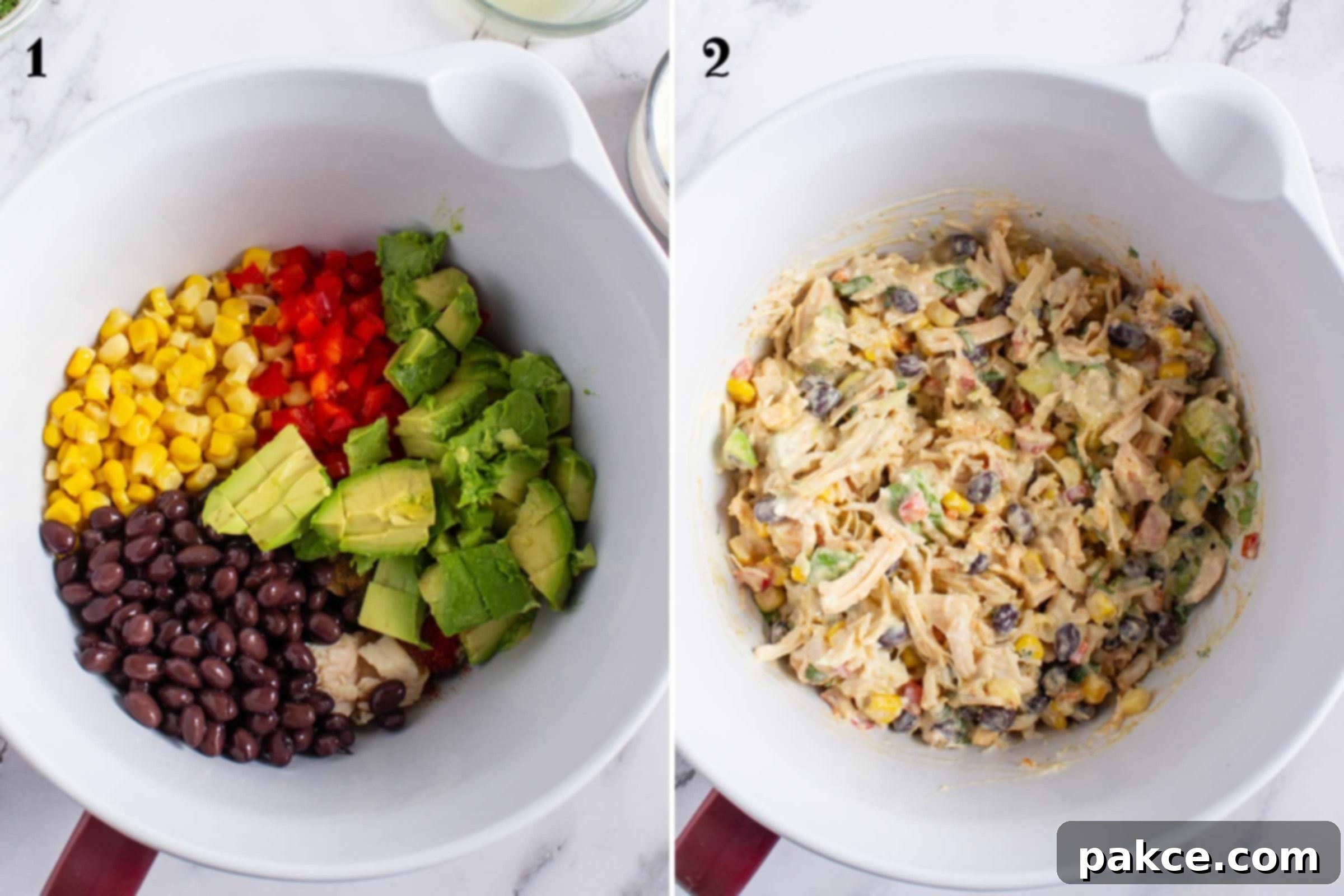 Fiesta Lime Chicken Salad 4 Composite image: 1- bowl with black beans, corn, diced red pepper, shredded chicken, and avocado; 2- same bowl after adding a creamy dressing with a reddish tint to the mixed ingredients.