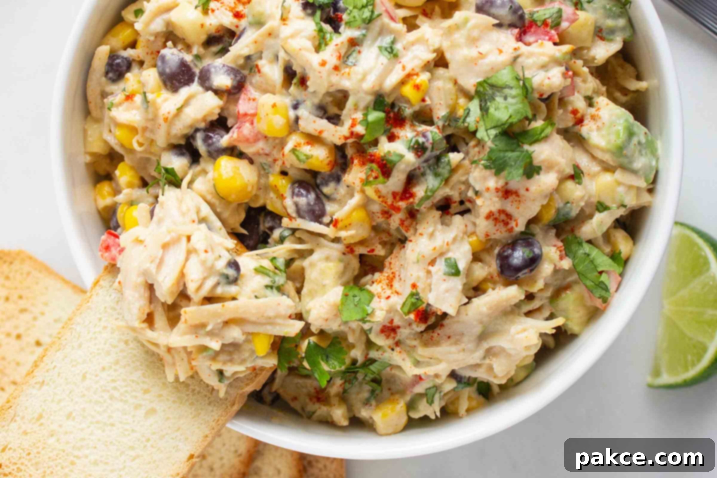 Fiesta Lime Chicken Salad 5 Bowl of chicken salad with corn, black beans, avocado, and red bell pepper in a creamy dressing sprinkled with paprika beside crostini and a lime wedge.