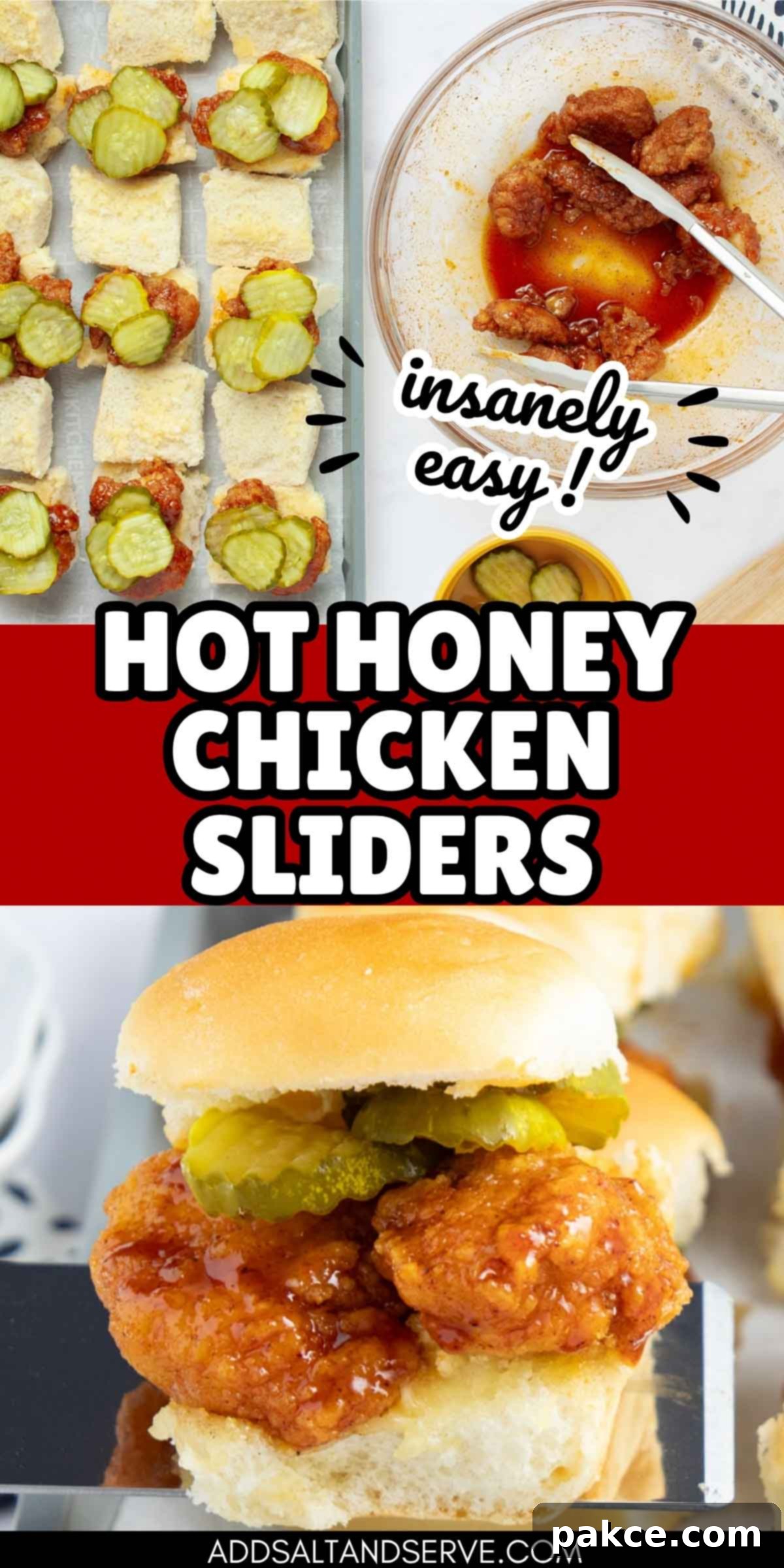 Sweet Heat Chicken Sliders in a Snap 11 Composite image with photos of chicken sliders with pickles and text hot honey chicken sliders - insanely easy.