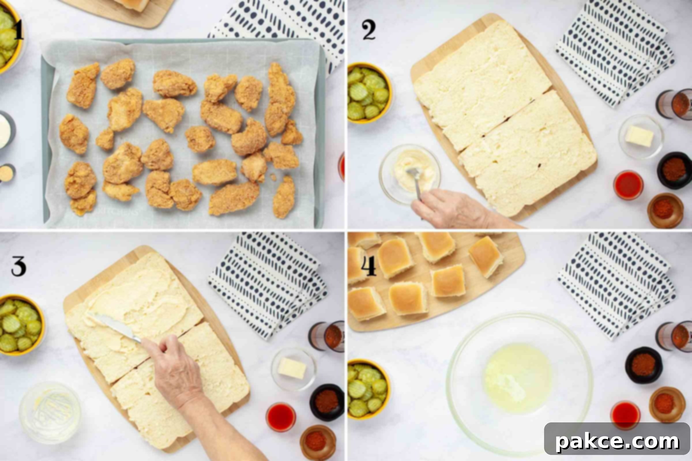 Sweet Heat Chicken Sliders in a Snap 4 Composite image: 1- frozen chicken bites on a baking sheet; 2- stirring mayonnaise and garlic powder together; 3- spreading the spiced mayo on Hawaiian bread; 4-melted butter in a large bowl.