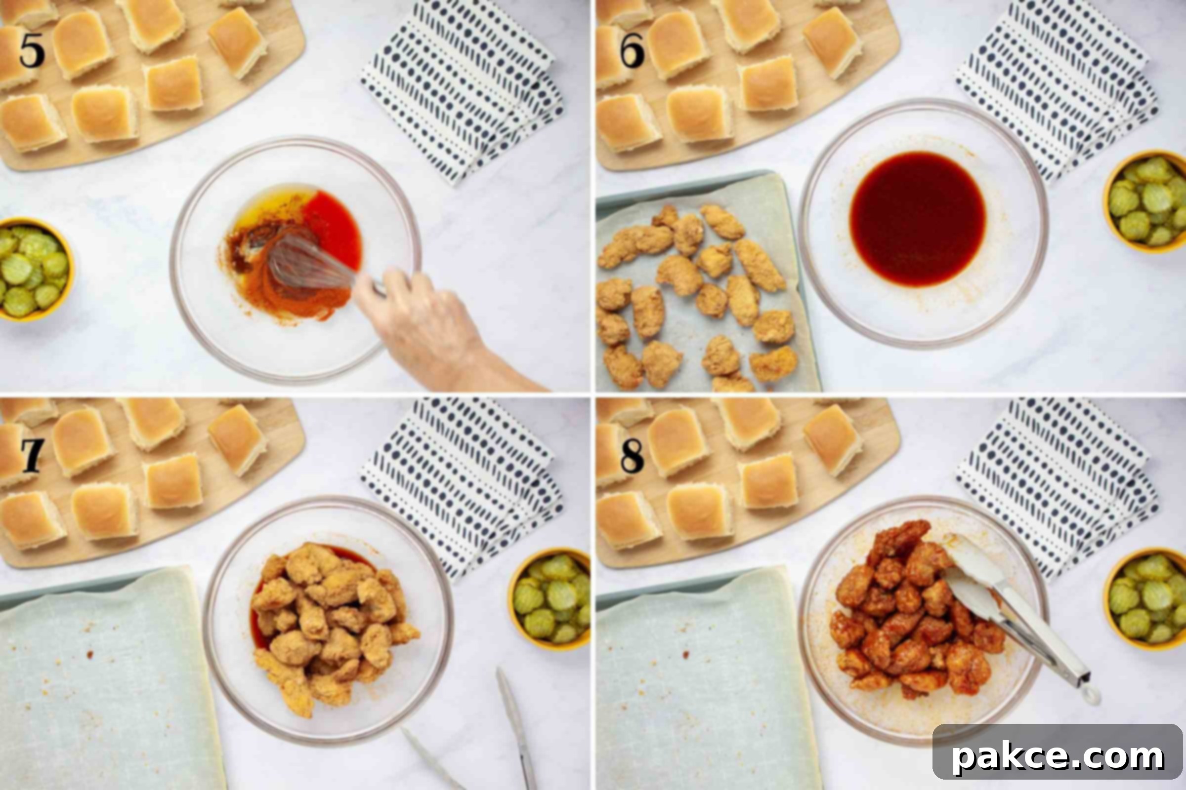 Sweet Heat Chicken Sliders in a Snap 5 Composite image: 5-mixing spices with melted butter and honey; 6- the bowl of seasoned butter beside a pan of cooked chicken bites; 7 - the chicken bites in the bowl with the hot honey butter; 8 - the chicken bites coated in the hot honey butter mixture.