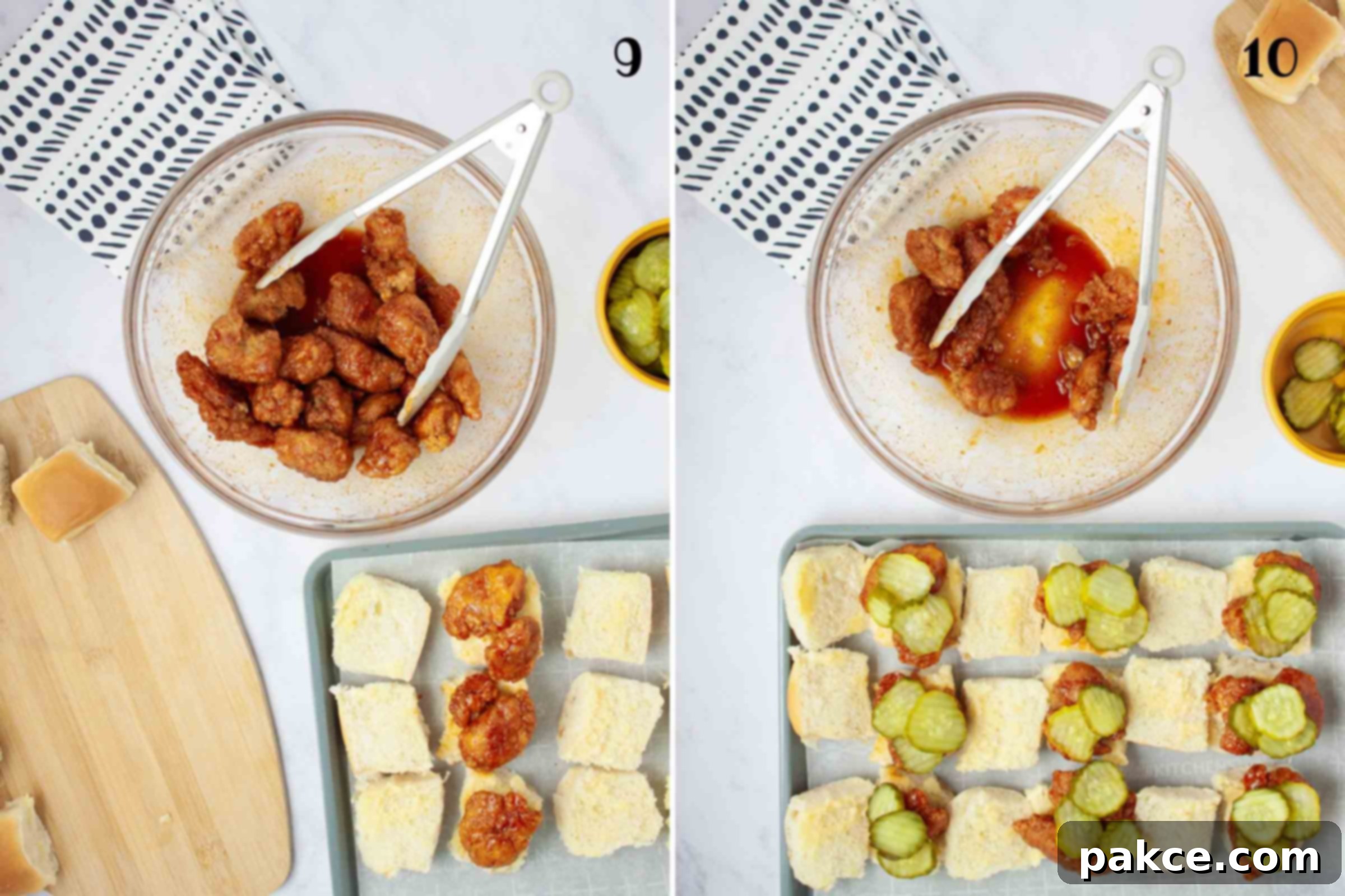 Sweet Heat Chicken Sliders in a Snap 6 Composite image: 9- placing coated chicken bites on Hawaiian bread spread with spiced mayo; 10- topping the chicken pieces with pickle slices.