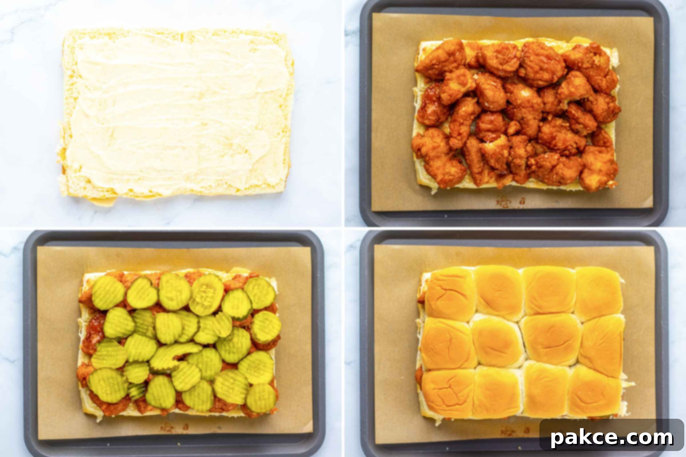 Sweet Heat Chicken Sliders in a Snap 7 Composite image: 1- hawaiian rolls cut in half with garlic mayonnaise spread on the bottom half; 2- chicken in hot honey sauce piled on the bottom half of the rolls; 3-sliced pickles on top of the chicken; 4- the top half of the rolls put on top of the sliders.