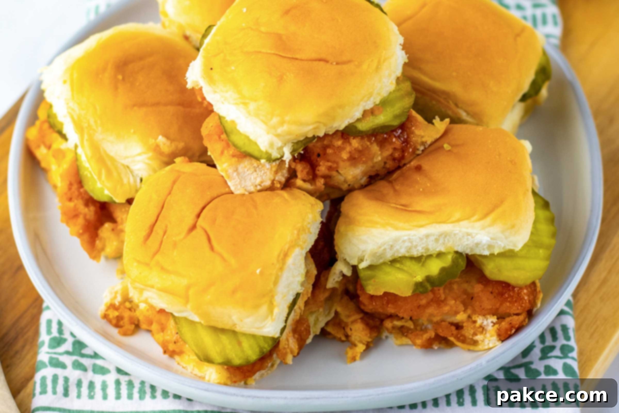 Sweet Heat Chicken Sliders in a Snap 9 A pile of hot honey chicken sliders on a plate.