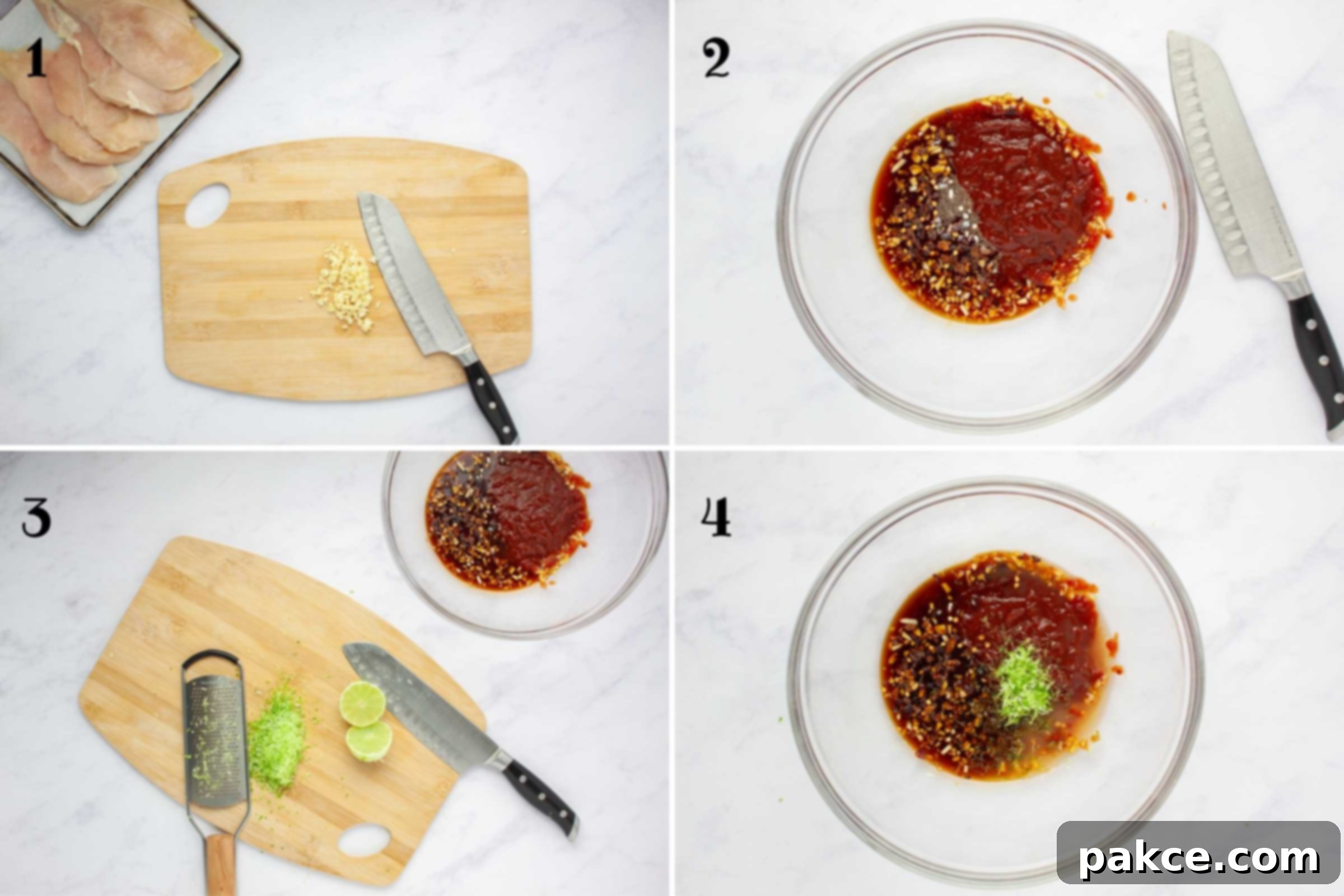Spicy Chili Lime Chicken with Creamy Coconut Lime Sauce 4 Composite image: 1-cutting board with minced garlic beside boneless, skinless chicken breasts on a counter.; 2- bowl with soy sauce, minced garlic, garlic salt, chili sauce, and crushed red pepper; 4- same bowl after adding chili sauce beside a cutting board with a zested lime cut in half; 4- same bowl after adding half the lime zest and juice.