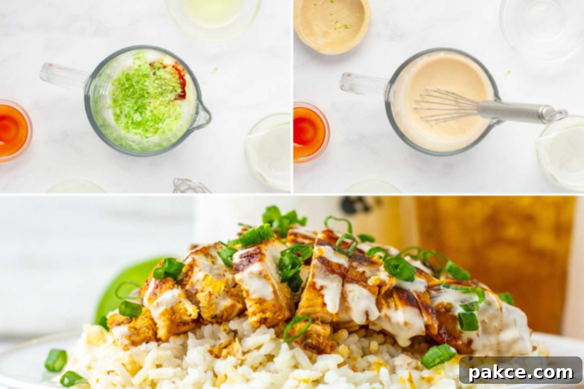 Spicy Chili Lime Chicken with Creamy Coconut Lime Sauce 6 Composite image: measuring cup with coconut milk, lime juice, sriracha sauce, and lemon zest; same sauce after whisking; plated Chicken breast over rice drizzled with sauce and garnished with green onions beside a glass of iced tea and two limes.