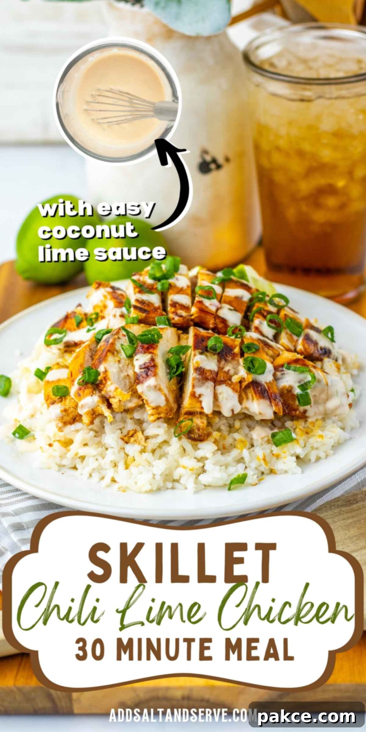 Spicy Chili Lime Chicken with Creamy Coconut Lime Sauce 7 Chicken breast over rice drizzled with white sauce and garnished with green onions; text: Skillet Chili Lime Chicken 30 minute meal with easy coconut lime sauce.