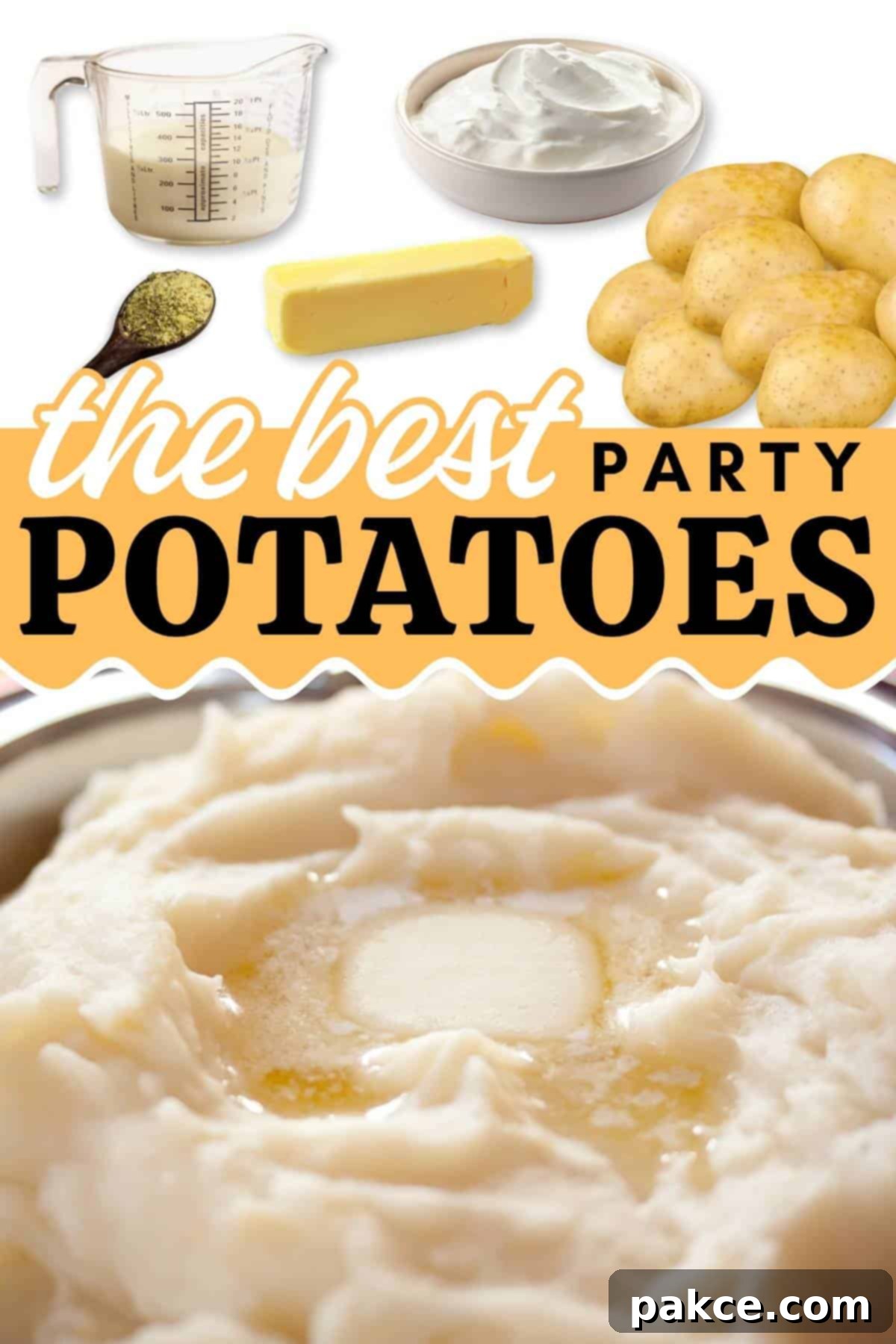 Ultimate Party Mash 3 Composite image: Mashed Potatoes with a pat of melting butter; ingredients: yukon gold potatoes, sour cream, butter, milk, adobo seasoning with text The Best party potatoes.