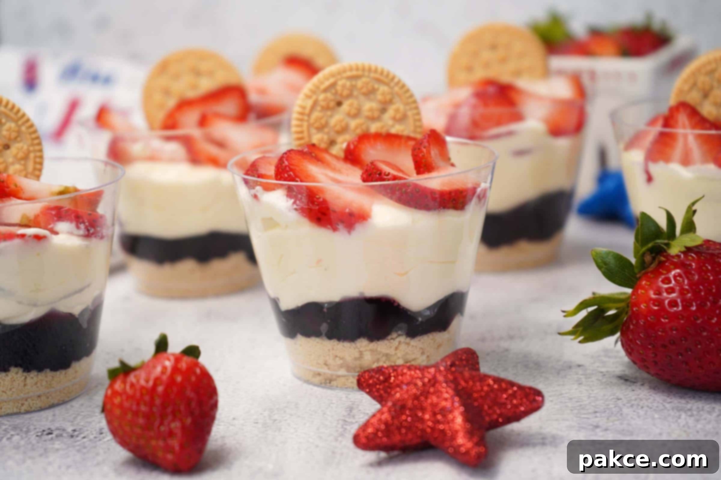 Red, white, and blue parfaits in plastic cups with layers of cookie crumbs, blueberry pie filling, pudding mixture, and topped with sliced strawberries and a sandwich cookie.