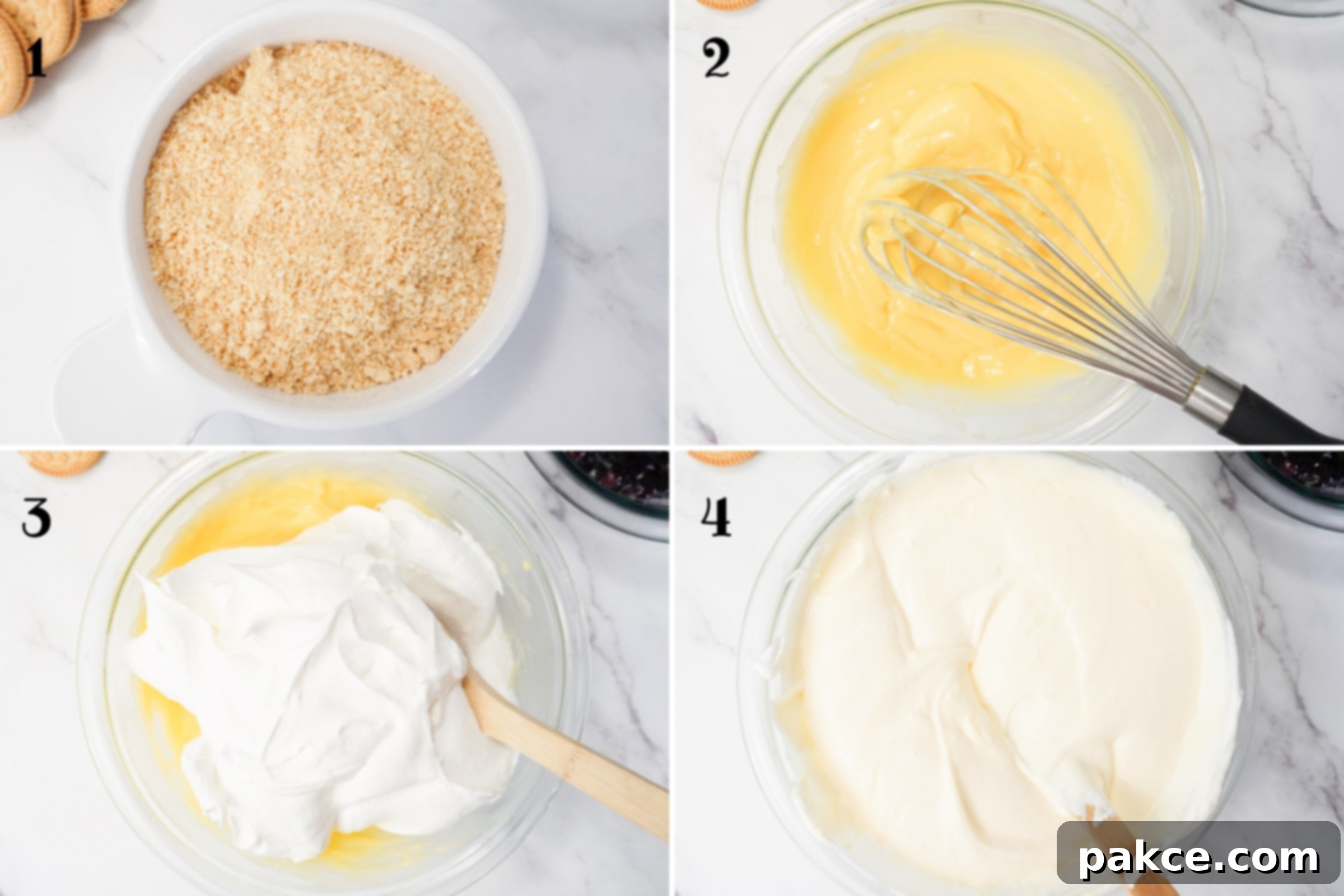 Red White and Blue Celebration Cups 4 Composite image: 1-crushed cookie crumbs; 2- vanilla pudding in a bowl with a whisk; 3- adding thawed whipped topping to the pudding; 4- after mixing.