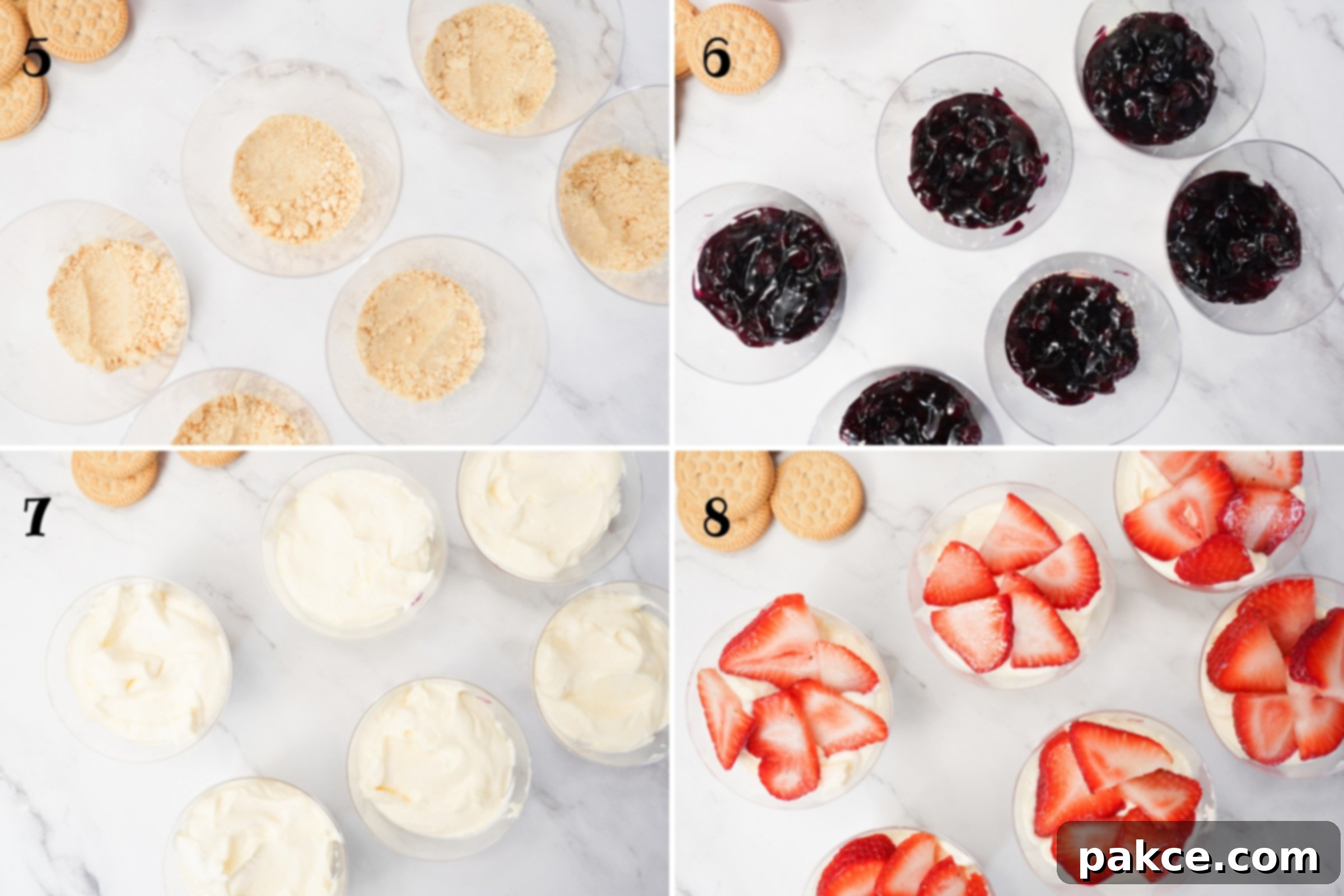Red White and Blue Celebration Cups 5 Composite image: 5- parfait cups with crushed cookie crumbs in the bottom; 6- after adding blueberry pie filling; 7- after adding pudding mixture; 8- after adding sliced strawberries.